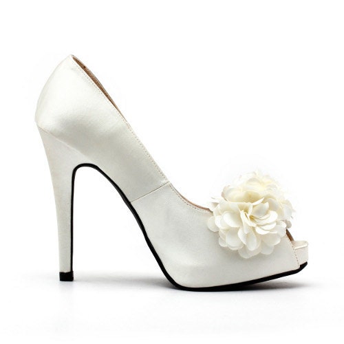 Ivory White Satin Wedding Shoes with Flowers