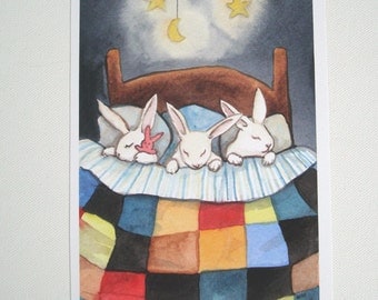 Triplets Tucked In - Fine Art Rabbit Print - Bedroom or Nursery Decor