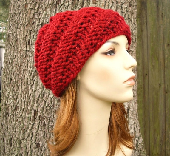 Knit Hat Red Womens Hat Swirl Beanie in Metallic Poinsettia