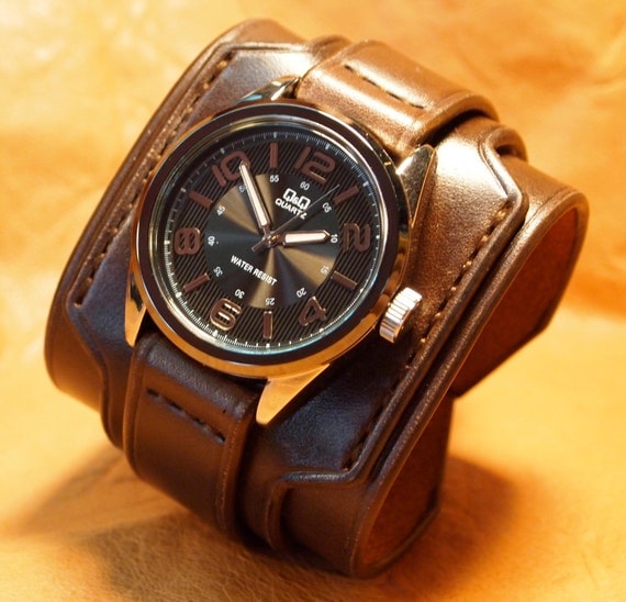 Leather cuff watch Nathan Drake wide layered made by mataradesign