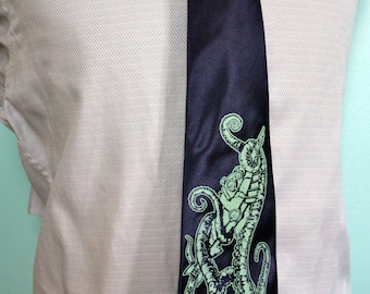 Navy Blue Necktie - 20,000 Leagues Tie - Men's tentacle and submarine Necktie