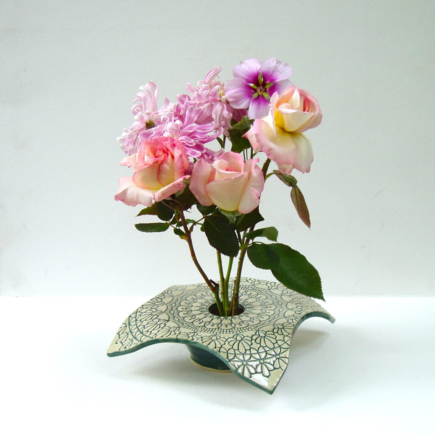 Handmade Pottery Vase / Draped Doily Vase
