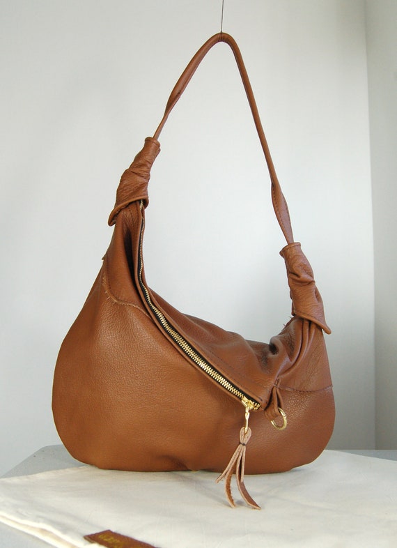 Rosaire tan brown leather hobo shoulder bag handmade.