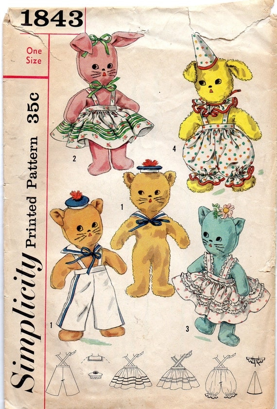 Simplicity 1843 1950s Stuffed Animal Toy Pattern and Clothes