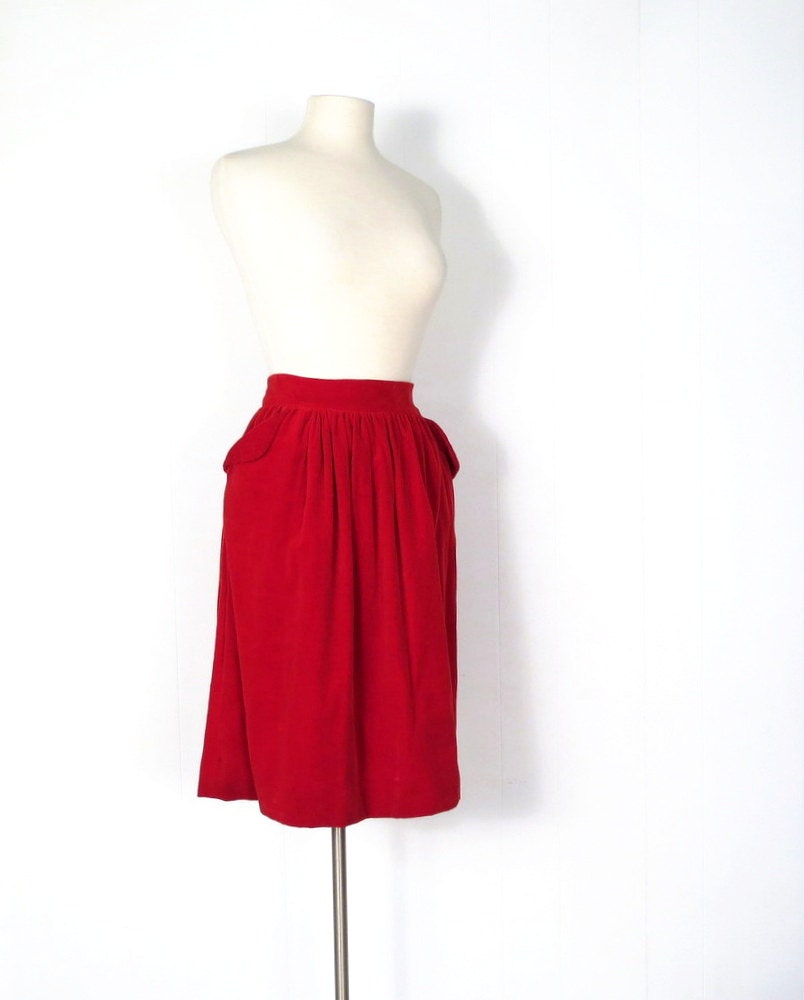 Vintage 1940s Skirt / Red Velvet Skirt / 40s Skirt / 27W XS S