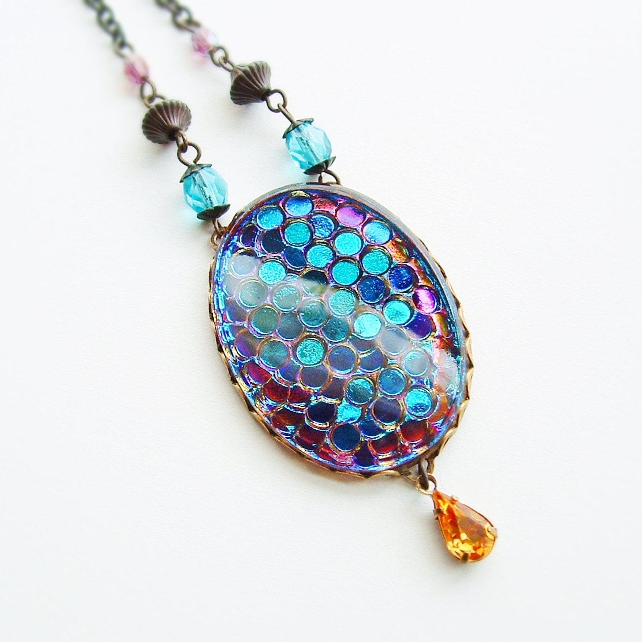 Iridescent Glass Pendant Necklace Vintage Helio Fish Scale
