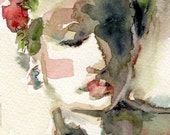 Mae's Flowers Watercolor Painting Woman's Face in Olive Greens and Reds Giclee Print Mae's Flowers Watercolor Painting Woman's Face in Olive Greens and Reds Giclee Print