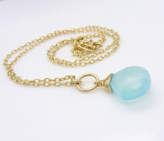 Gold aqua chalcedony necklace wire wrapped by CreativityJewellery