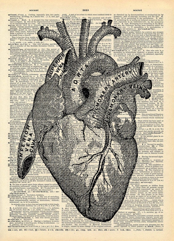 Vintage Book Art Print Anatomical Heart Art Upcycled Book