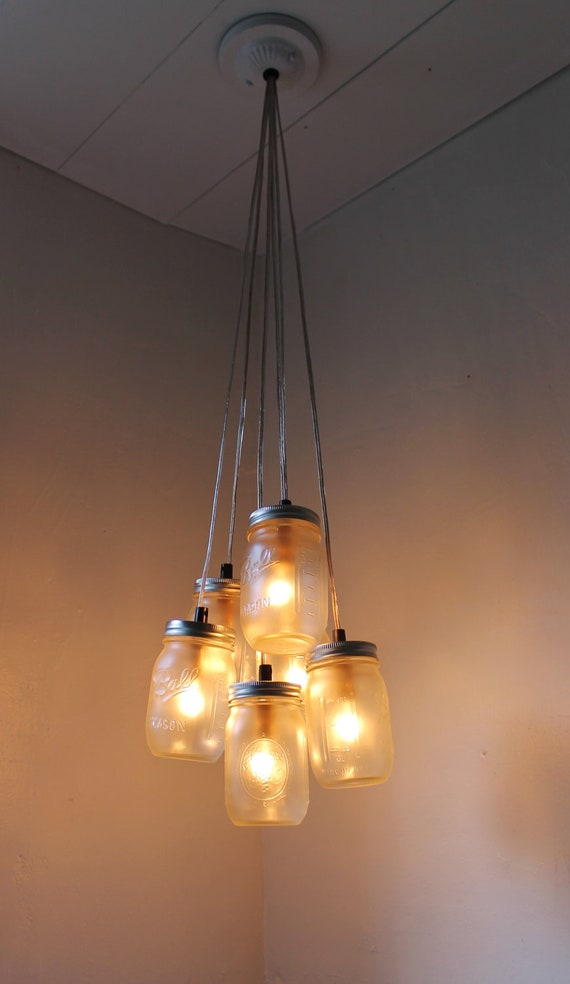 Mason Jar Chandelier with Frosted Ball Mason Jars Upcycled Lighting 