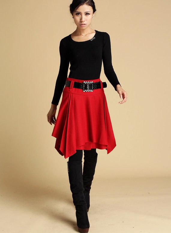 ethnic red wool mini skirt 360 by xiaolizi on Etsy