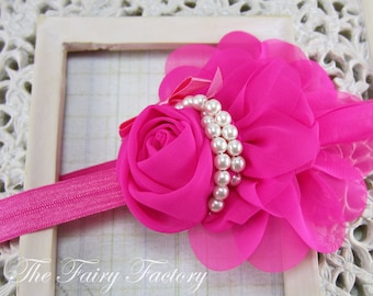 Hot Pink Flower Headband - Chiffon Rose Flower with Pearls Hot Pink Headband or Hair Clip - The Audrey - Baby Toddler Child Girls Headband