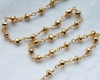 Sale 6 Feet Golden Pyrite Gemstones with Gold Wired Chain // Unfinished Chain // Jewelry Supply