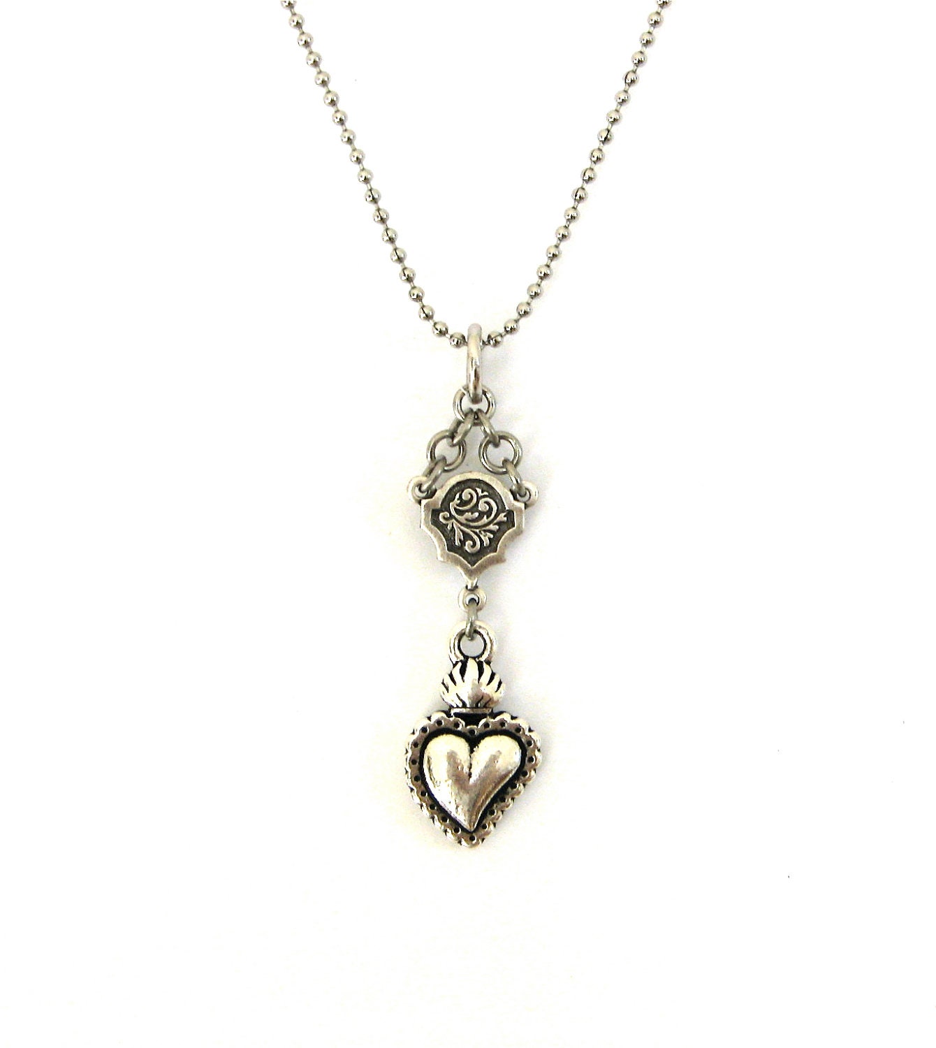 Silver Sacred Heart Necklace Ex Voto Flaming Heart Celtic