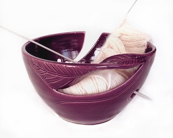 Yarn Bowl, Knitting Bowl eggplant purple large odorless clean ceramic pottery yarn holder organizer storage twisted leaf by blueroompottery