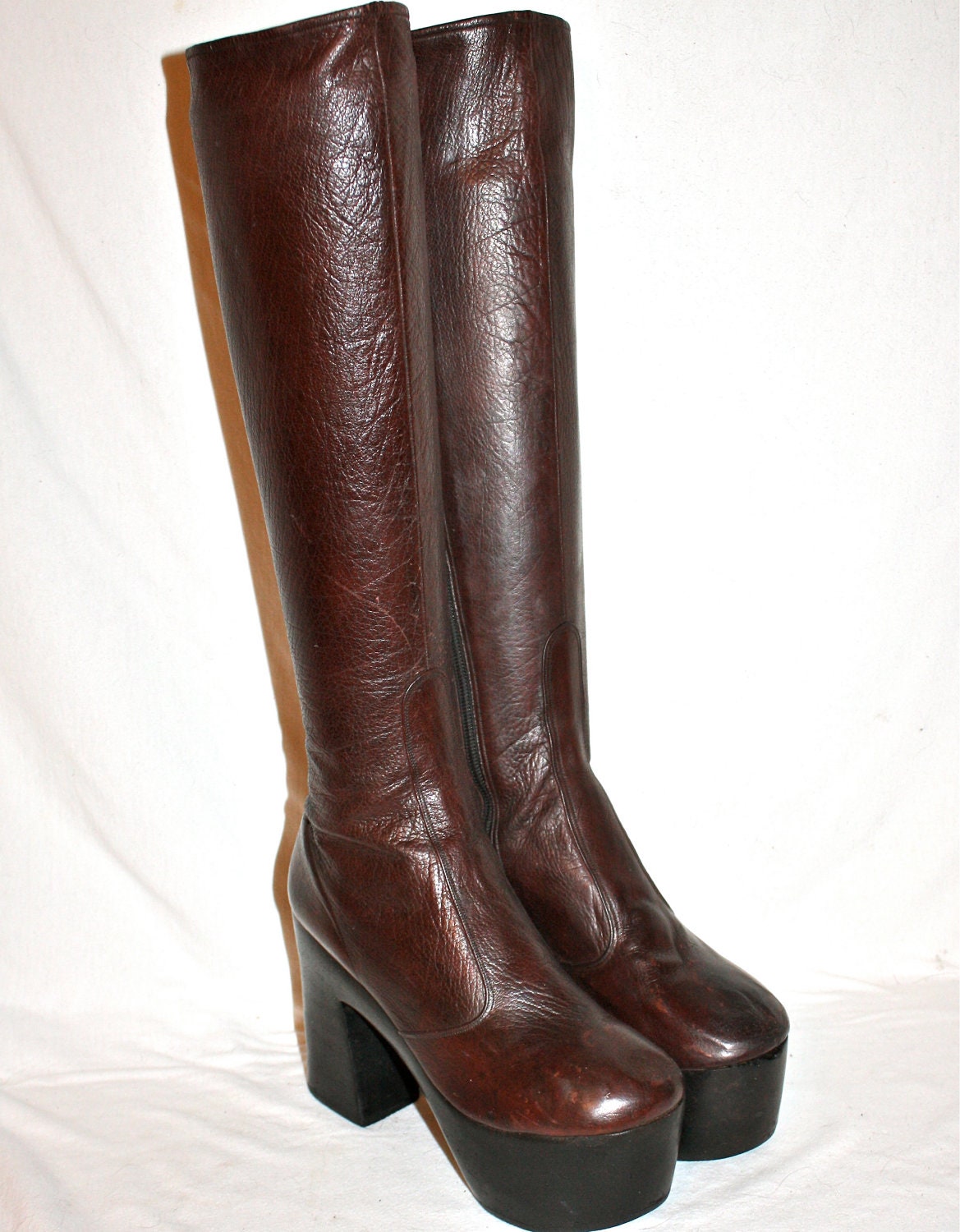 Vintage 70's PLATFORM Boots Plum Leather Wood Sole