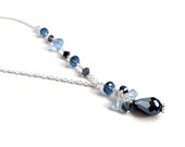 Chain necklace blue glass black drop pendant glass on one side sparkly short ooak