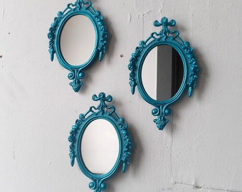 Framed Wall Mirror Set of Three in Small Ornate Vintage Frames - Shimmering Aqua