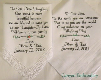 Embroidered Wedding Handkerchiefs Wedding Gift Daughter and Son gifts from Parents by Canyon Embroidery on ETSY