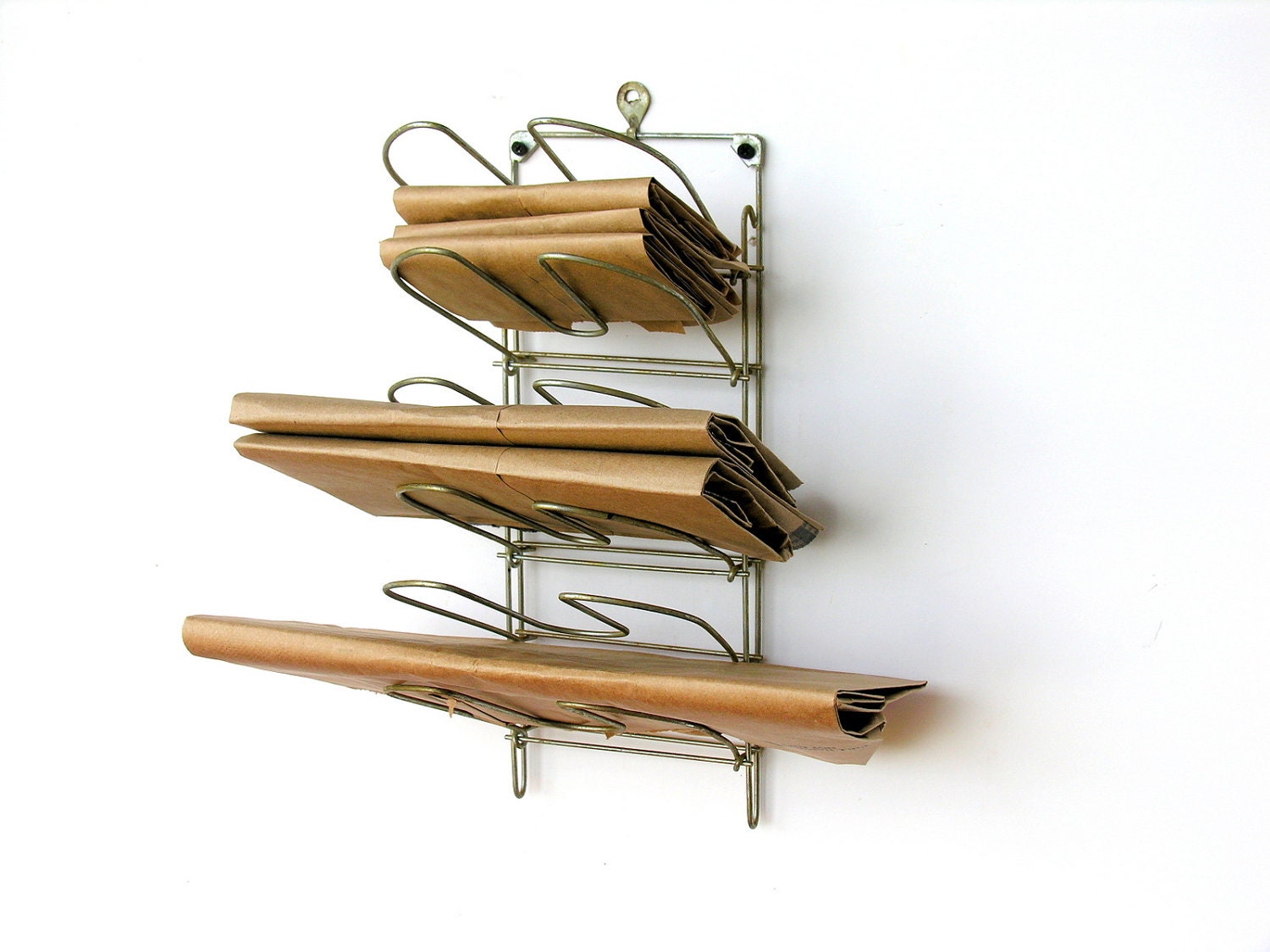 Vintage Wire Wall Rack Paper Bag Sack Magazine Holder File