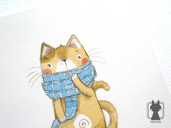 Cat in scarf winter art cute cat illustration original