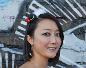 Mini Top Hat Headband with Red Bells and White Snowy Feather