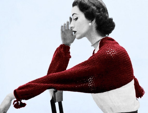 Vintage 1950s Crochet Pattern Bolero Shrug Unique Sleeve Scarf Tassel Back Digital PDF