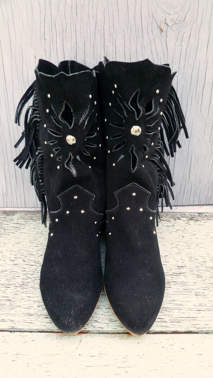 Black suede fringe studded vintage slouchy cowboy boots