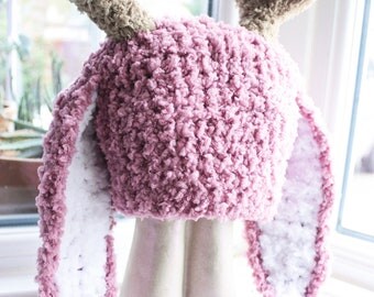 Jackalope Hat, Newborn to Adult Bunny Hat, Crochet Baby Hat, Bunny Costume, Bunny Beanie, Antlers Hat, Plum Jackalope Beanie Easter Cij