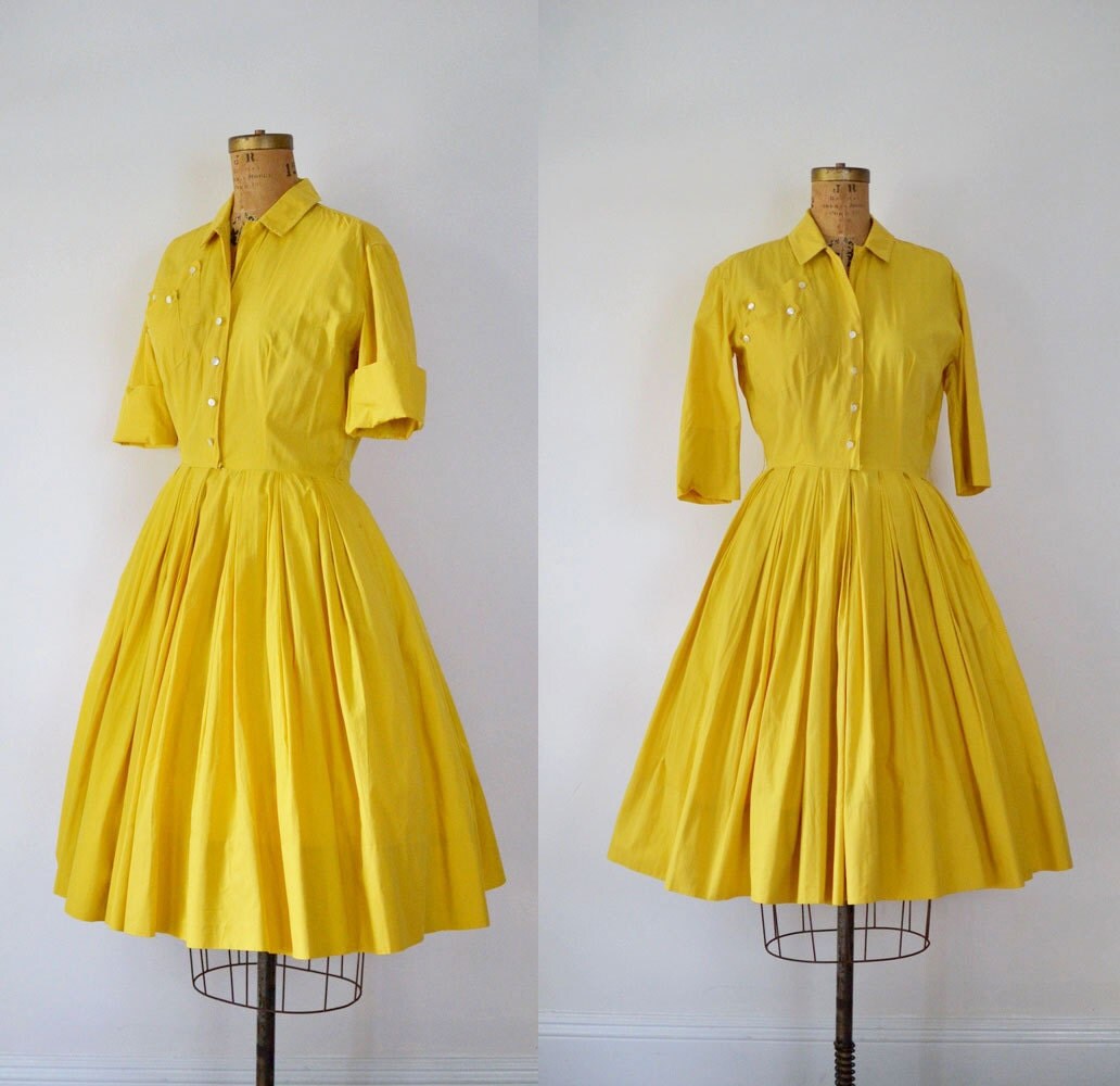 1950s Shirtwaist Dress / 50s Marigold Cotton Dress