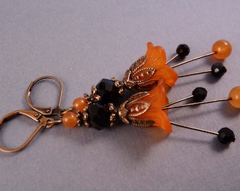 Halloween Earrings Halloween Jewelry Lucite Earrings Beaded Earrings Beaded Jewelry Orange Earrings Holiday Jewelry Brass Jewelry