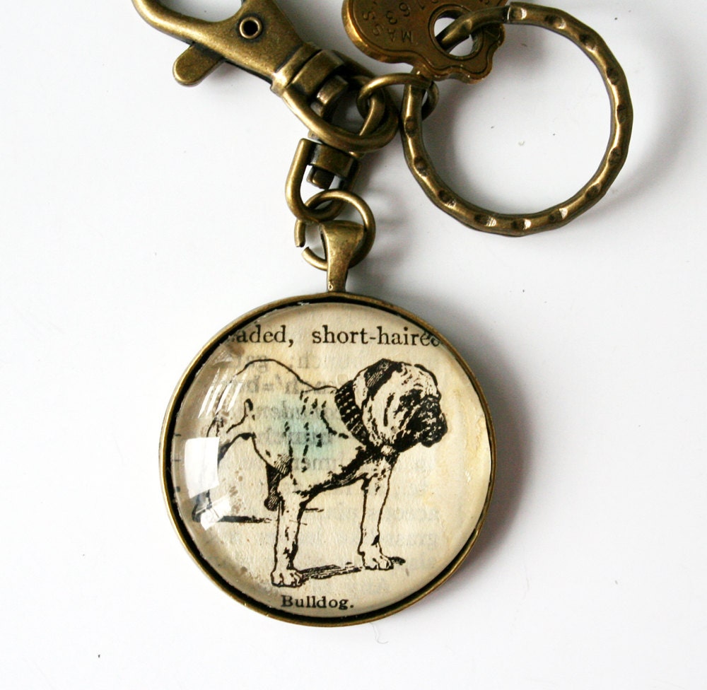 Bulldog keychain. Upcycled vintage dictionary illustration.