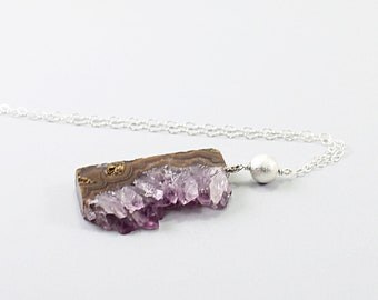 Amethyst necklace: sterling silver druzy necklace, natural stone necklace, slice druzy pendant necklace, amethyst druzy jewelry
