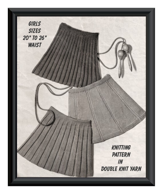 Instant Download PDF : Vintage Seventies  KNITTING PATTERN  to make three styles of flared and pleated girls skirts to fit 20" to 28" Waist