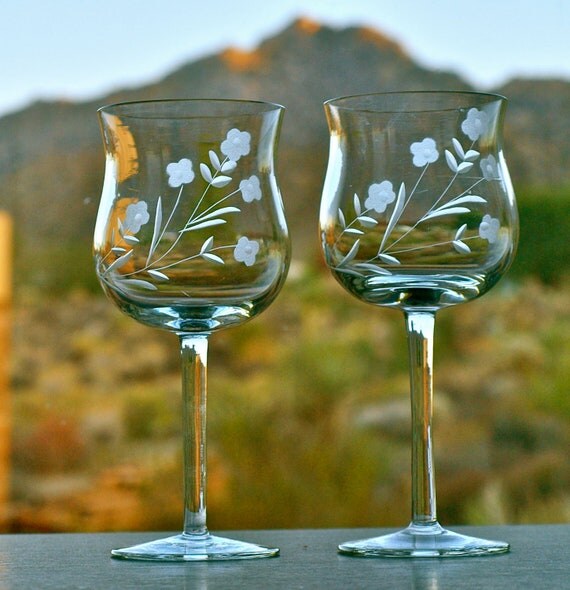 Two Vintage Crystal Tulip Glasses / Etched Romanian Crystal