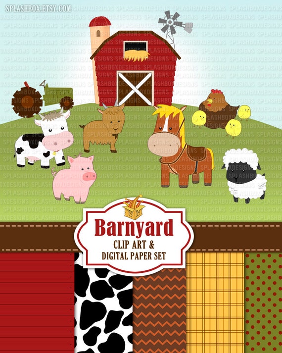 Barnyard Animals Clip Art Barn Clip Art Set Farm Clip Art - cow, goat, pony, sheep, chicken, tractor, barn  (personal or commercial use)