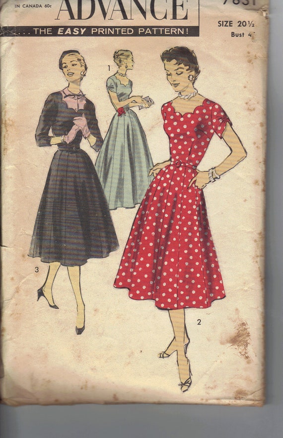 BF Sale 20% Off    Vintage 1950's Advance Sewing Pattern 7831. Women's Dress, Size 20 1/2