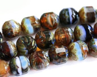 10mm Picasso Czech Glass beads mix, Earthy colors round beads, brown, olive green, red, black, fre polished - 10Pc - 0275