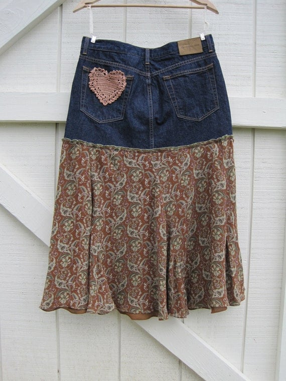 Boho cowgirl skirt Prairie skirt denim heart patch