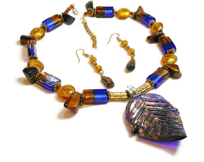 FREE SHIPPING Handmade Murano necklace, Murano Cobalt & Copper Foil Leaf Pendant and dangle earrings w/ Hawaiian Tiger's eye statement piece