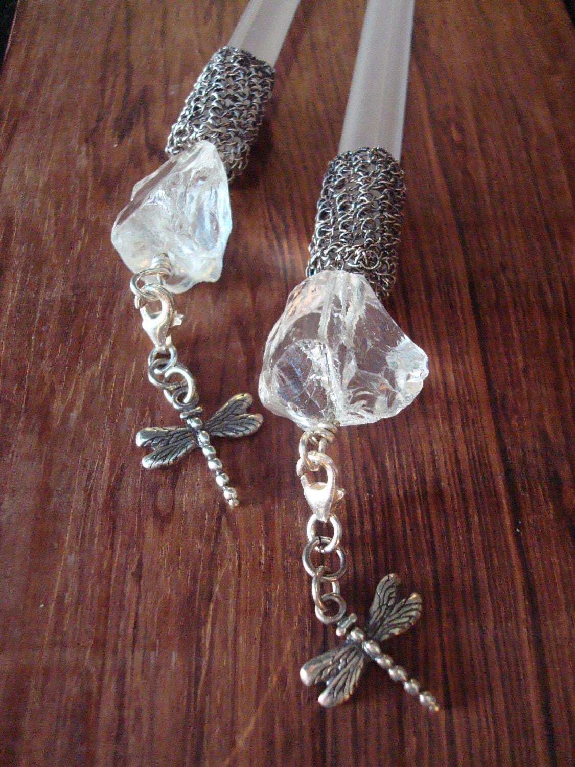 Crocheted Wire Hair Sticks Fine Silver Raw Quartz Crystals and