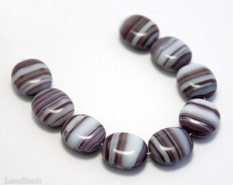 Purple and White Czech Beads 14mm (10) Pressed Opaque Glass Flat Oval Large Striped Big last