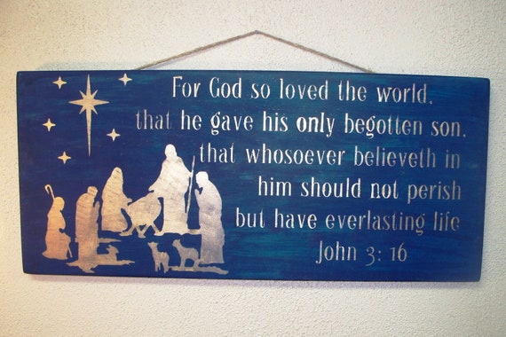 Wooden Christmas Sign - Large - 12 x 25 - Nativity - John 3 16 - Midnight Blue with Gold lettering - Scripture - Manger - Bible