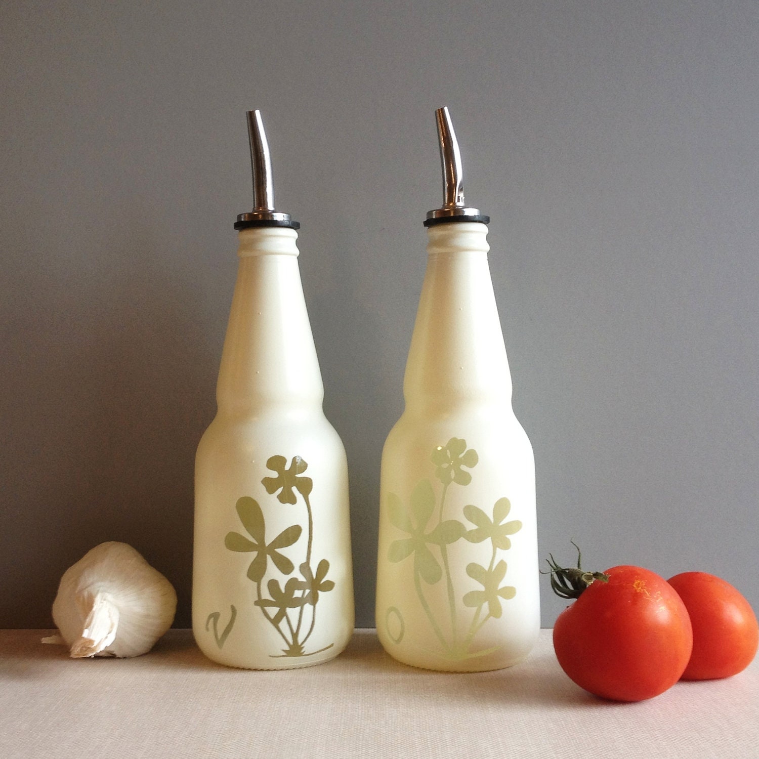 Items similar to Oil and Vinegar set, made from reclaimed glass with botanical flowers on Etsy