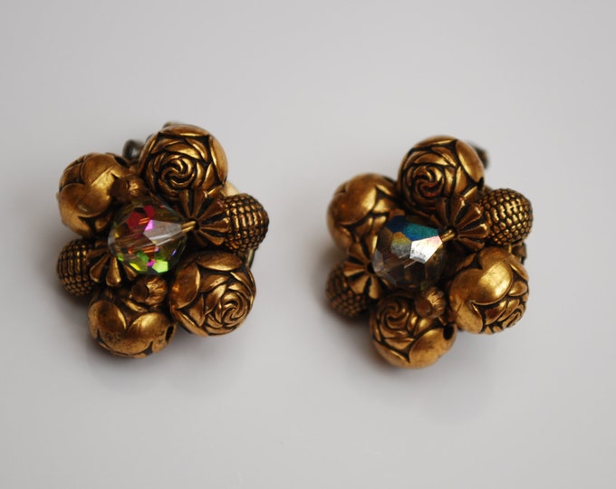 Brass Bead cluster clip on earrings with Aurora Borealis crystal bead