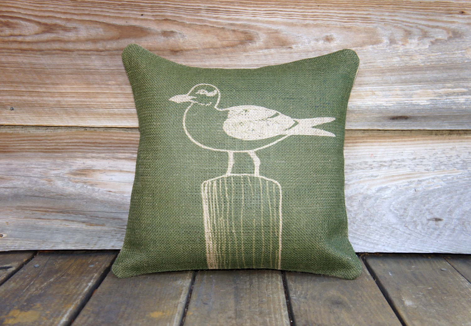 Seagull Pillow Bird Moss Green Beige Burlap Throw Pillow