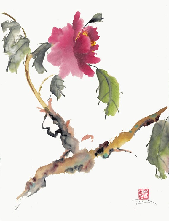 Chinese Brush Painting Original Abstract Watercolor Pink
