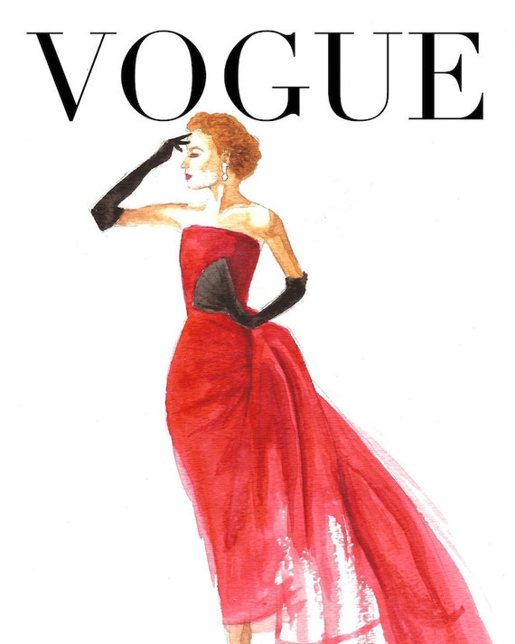 Items similar to Watercolor Fashion Illustration: Glamour Vogue Cover ...