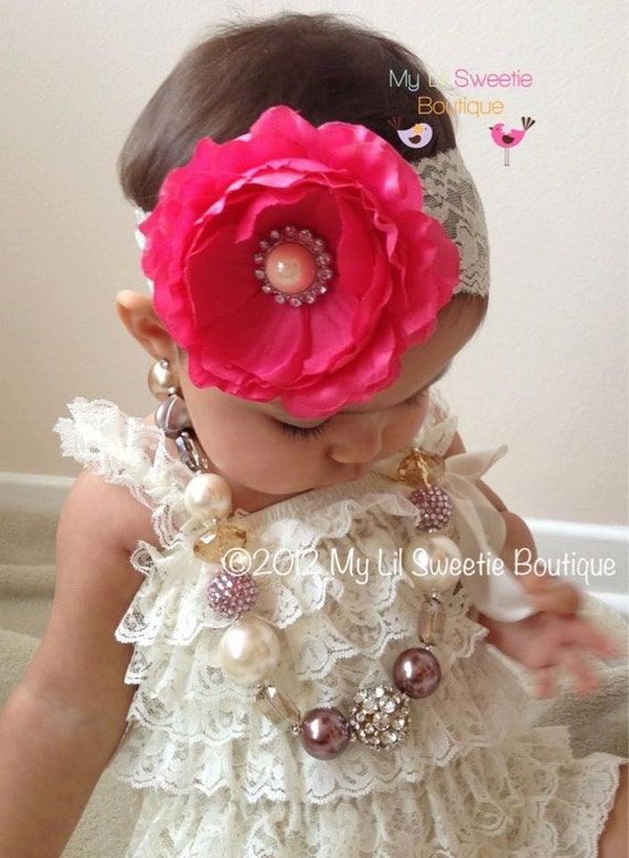 Pink Silk Flower clip on Ivory Lace Headband Headband Newborn
