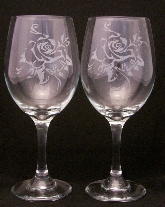 Rose Etched Wine Glasses Valentine wine glasses valentine
